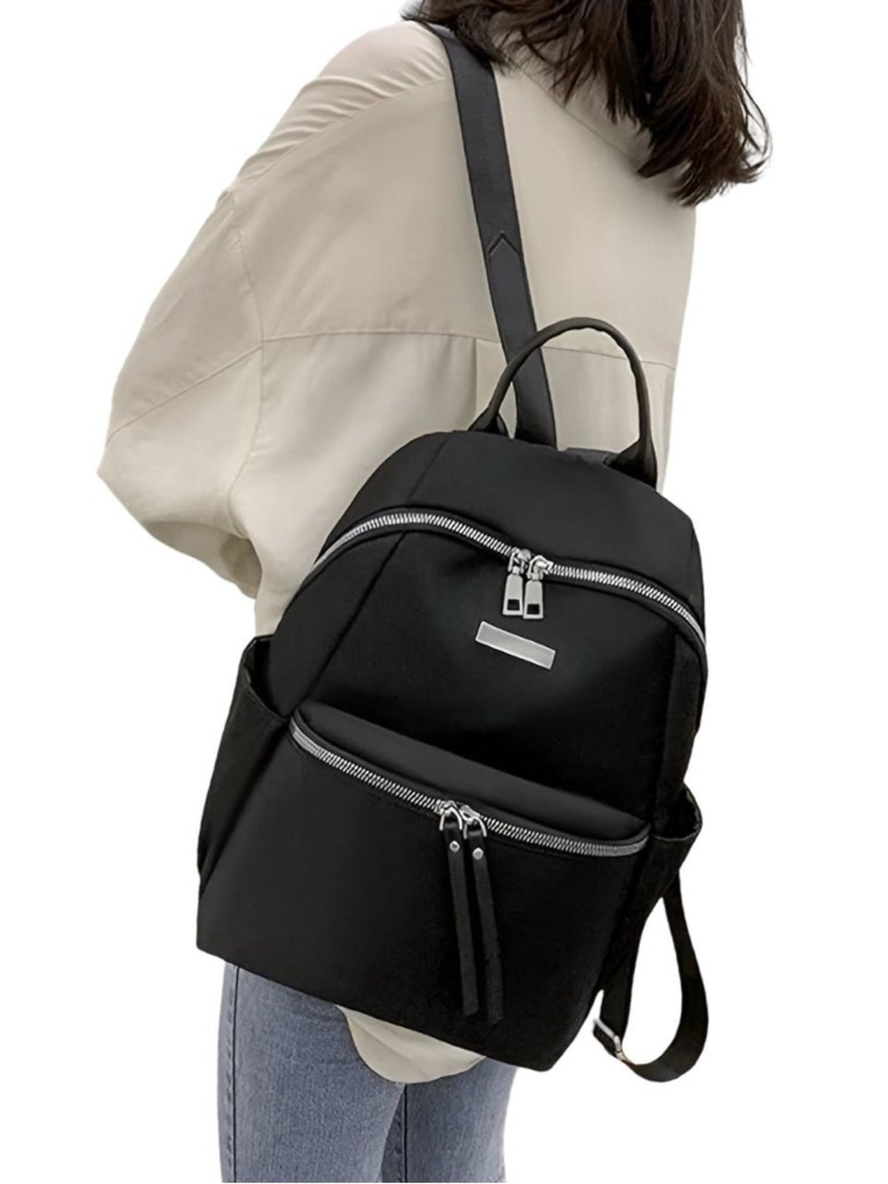 Solid Black Oxford Backpack Bag With Anti Theft Pocket & Waterproof Material